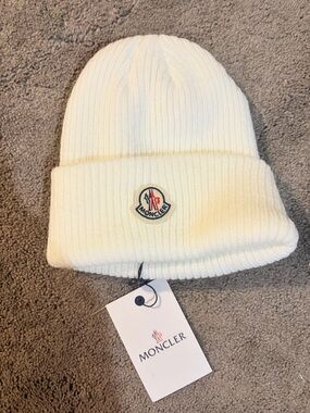 Moncler White Ribbed Knit Beanie with Logo Patch